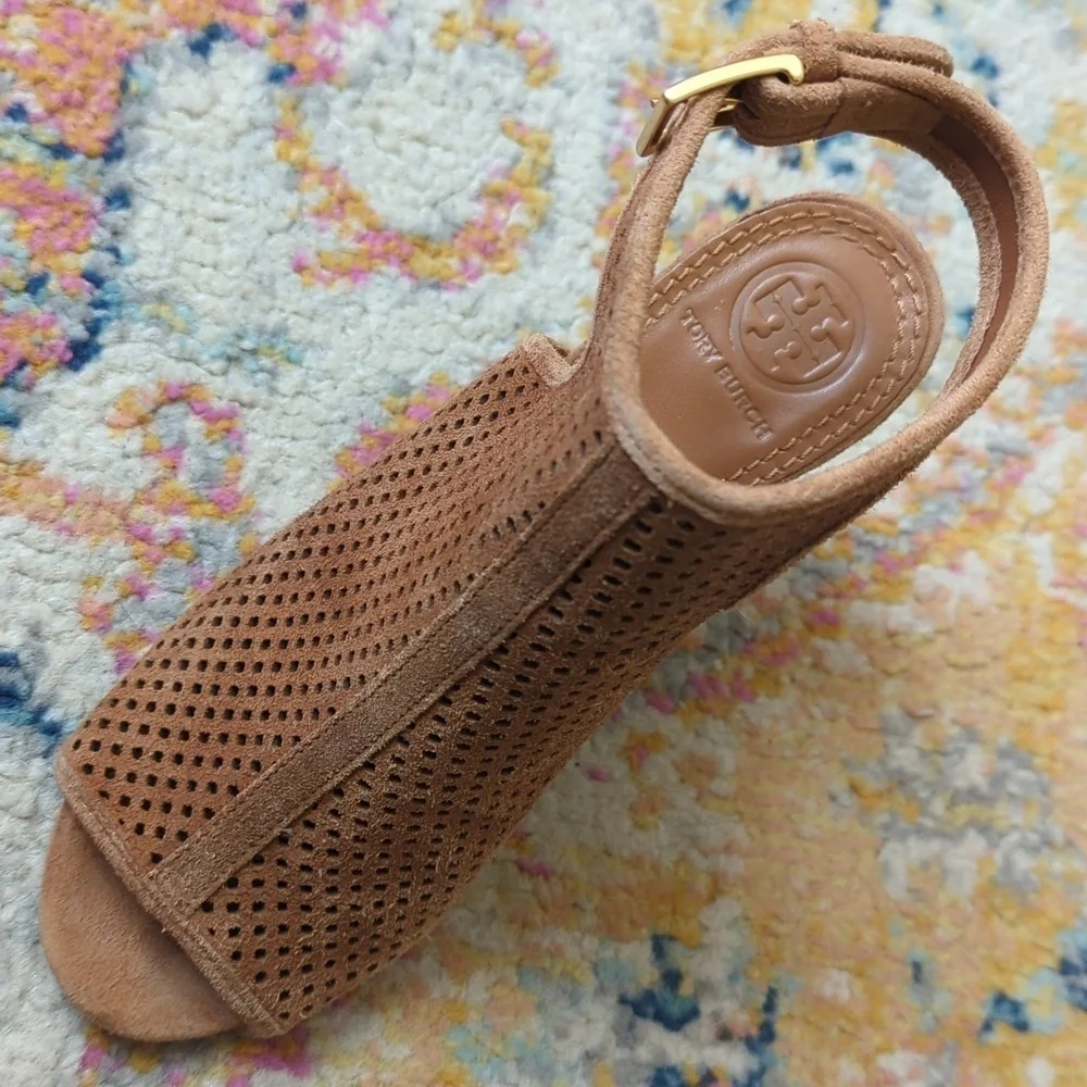 Tory Burch Jessie Perforated Suede Leather Peep Toe High Heel Booties Brown 6.5